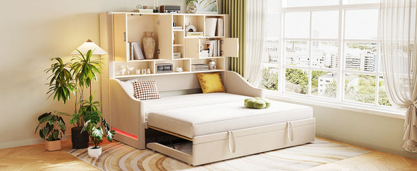 English Elm Twin Upholstered Daybed with LED Armrest Lighting, Hidden Storage Shelves & Lift-Up Pull-Out Trundle Beige SF000198AAA