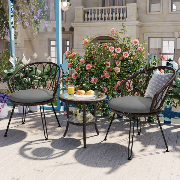 English Elm U_STYLE 2-Piece Rattan Patio Bistro Set with Tempered Glass Table and Plush Polyester Cushions for Outdoor Comfort Brown+Gray N711P256422D