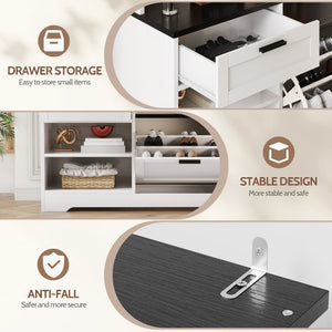 English Elm Hall Tree Entryway Organizer with Bench Seat Shoe Cabinet and Coat Hooks Mdf Farmhouse White+Black T5618P448219