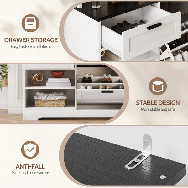 English Elm Hall Tree Entryway Organizer with Bench Seat Shoe Cabinet and Coat Hooks Mdf Farmhouse White+Black T5618P448219