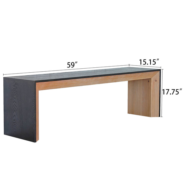 English Elm 59in Modern Wood Bench with Two-Tone Black Woodgrain Top and Natural Inner, Rustic-Contemporary, Sturdy Seating 90in W2729P198989