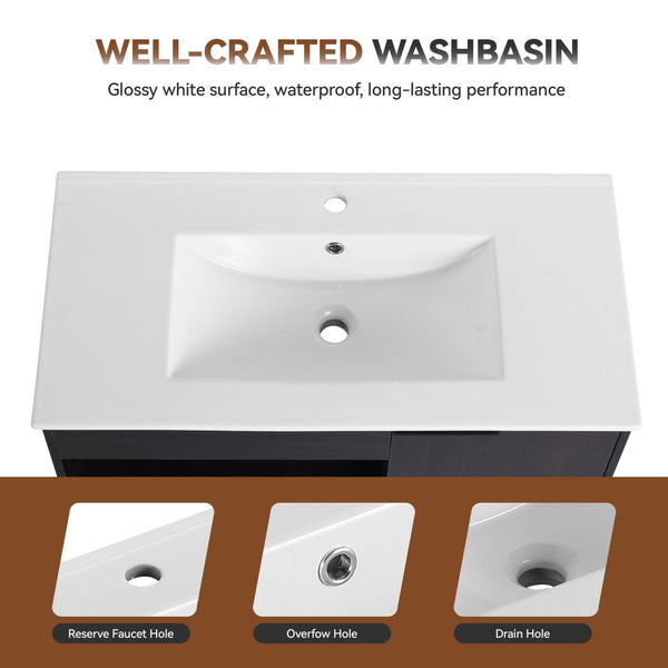 English Elm 36" Floating Bathroom Vanity Dark Oak Ceramic Sink Open Shelf Soft Close Storage W3450P435874