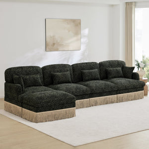 English Elm 131"comfy Chenille Leopard Print Sectional Sofa with Tassel Trim and Movable Ottoman Green W5656S00035
