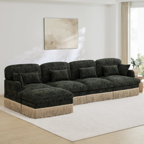 English Elm 131"comfy Chenille Leopard Print Sectional Sofa with Tassel Trim and Movable Ottoman Green W5656S00035