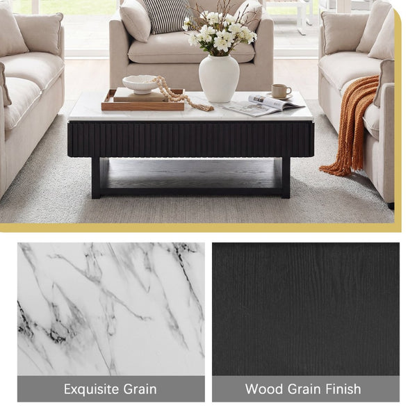 English Elm 46.5" Lift Top Coffee Table Fluted Frame Marble Pattern Hidden Storage Modern Living W5278P458348