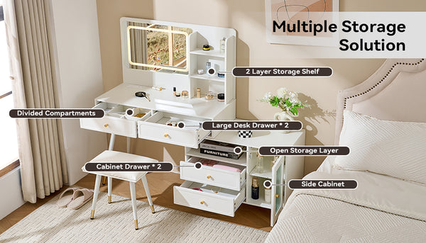 English Elm Modern Makeup Vanity Desk with LED 3-Color Mirror, Built-In Power Station, Sliding Cabinet, Stool White N844P288432A