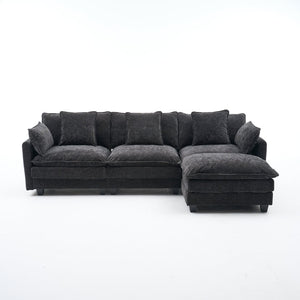 English Elm Beige Chenille Sectional Sofa with Modular Ottoman for Living Room or Studio Black W2603S00006