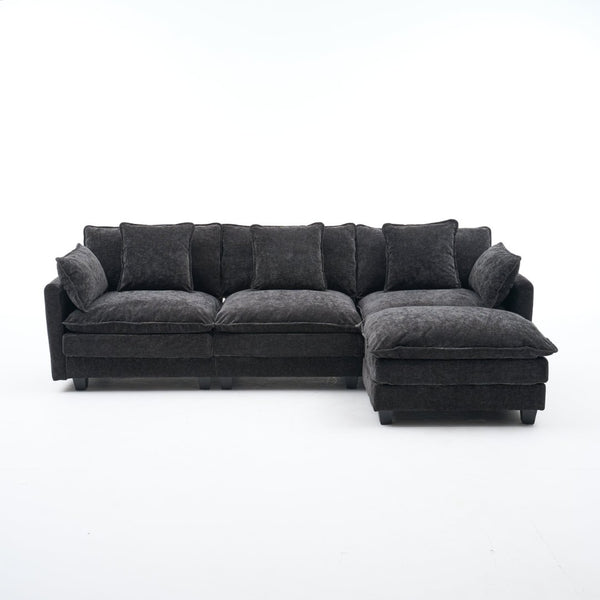 English Elm Beige Chenille Sectional Sofa with Modular Ottoman for Living Room or Studio Black W2603S00006