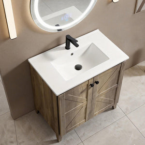 English Elm 30 Inch Floating Bathroom Vanity Fluted Wood Grain Front with Ceramic Integrated Sink Antique Grey W3520S00032