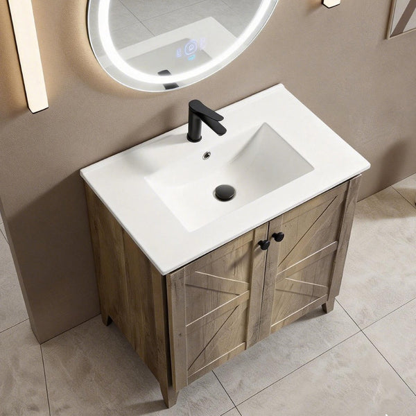 English Elm 30 Inch Floating Bathroom Vanity Fluted Wood Grain Front with Ceramic Integrated Sink Antique Grey W3520S00032