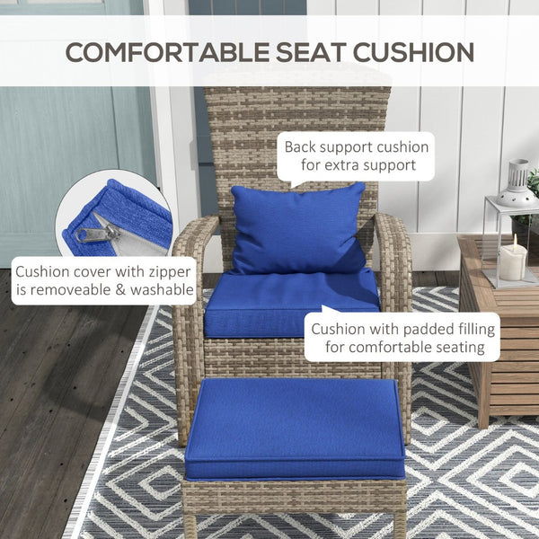 English Elm Outsunny Adirondack Chair & Ottoman Set - High-Back Wicker Outdoor Lounge With Cushions, Dark Blue W2225P174016-GIGA