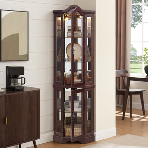 English Elm Lighted Vintage Display Cabinet with Carved Metal Handle, Adjustable Shelves, Hidden Drawer, LED Lighting Cherry W1758P297656