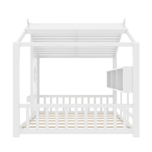 English Elm Full House Floor Bed with Roof Playhouse Design, Montessori Style with Rear Storage Shelf, Sturdy Pine White 78.5 L x 16.35 W x 8 H N733P335068K