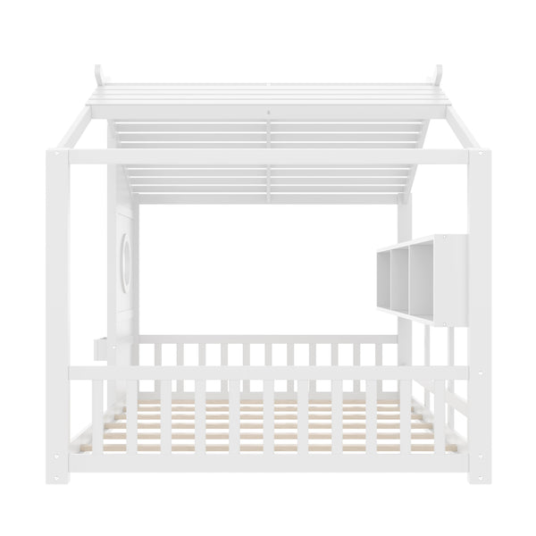 English Elm Full House Floor Bed with Roof Playhouse Design, Montessori Style with Rear Storage Shelf, Sturdy Pine White 78.5 L x 16.35 W x 8 H N733P335068K