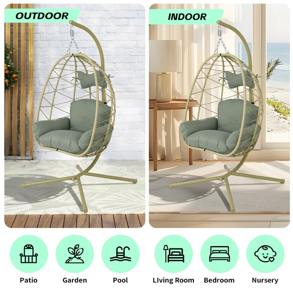 English Elm Hanging Egg Chair Wicker Swing with Stand Cushion Patio Balcony Ergonomic Cradle T5880P497574