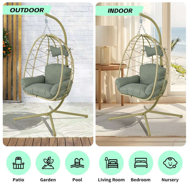 English Elm Hanging Egg Chair Wicker Swing with Stand Cushion Patio Balcony Ergonomic Cradle T5880P497574