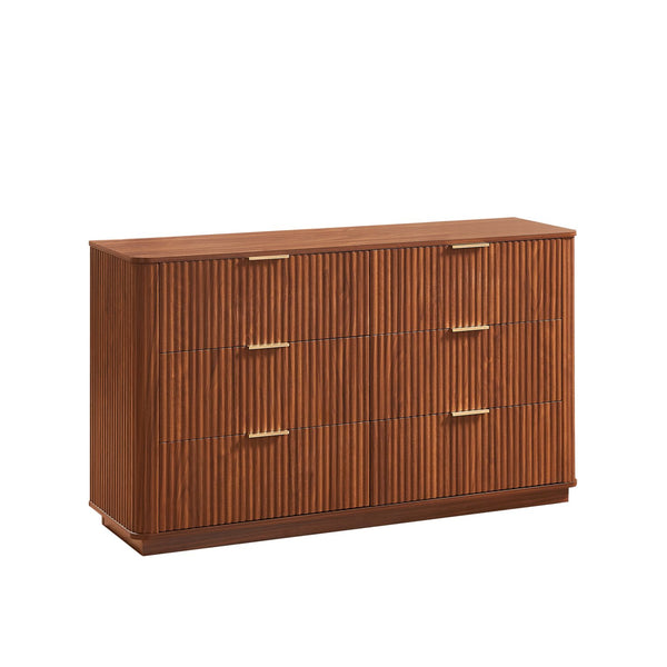 English Elm 6 Drawers Dresser Stylish 55" Wide Curved Wave Chest with Ample Storage, Sturdy Top for TV Use Walnut W1820P324616