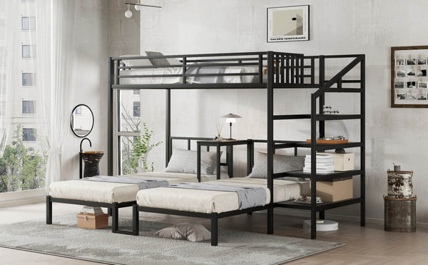 English Elm Twin Bunk Beds For 3 With Desk & Shelves, Space-Saving Metal Triple Bunk Bed, Noise Reduction, Black W1580S00116-GIGA