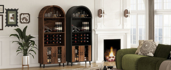 English Elm 71"Farmhouse Arched Wine Bar Cabinet with 15 Bottle Racks, 16 Glass Holders, Anti-Tip Safety for Living/Dining Black+Natural W2977P338242