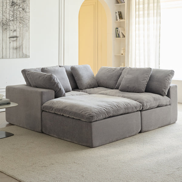 English Elm Cloud Modular Sectional Sofa - Oversized L-Shaped Deep Seat Couch with Sherpa Fabric & Ottoman Comfort Light Gray W3622S00005