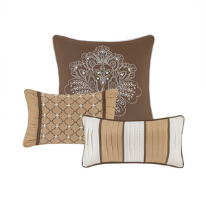 English Elm 7 Piece Jacquard Comforter Set In Rich Brown And Gold – Plush Textures, Decorative Pillows, Queen Size B03597000