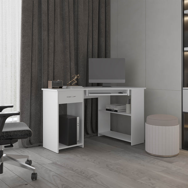 English Elm Corner Corner Desk 29.5" H White with 2 Drawers, 3 Shelves — Space-Saving Engineered Wood Office Unit B097P395914