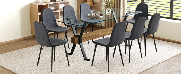 English Elm Table Set With 8 Chairs – Modern Glass Top & Wood Grain Mdf, X-Shaped Metal Legs For Stylish Dining W1151S03602-GIGA