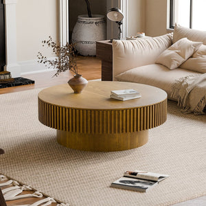English Elm 39.37'' Fluted Drum Round Coffee Table Lift Top Hidden Storage Wood Veneer Modern W1435P409016