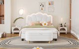 English Elm 2-Pieces Bedroom Sets Full Size Flower-Shaped Upholstered Led Platform Bed With Storage Ottoman-Sherpa Fabric, White