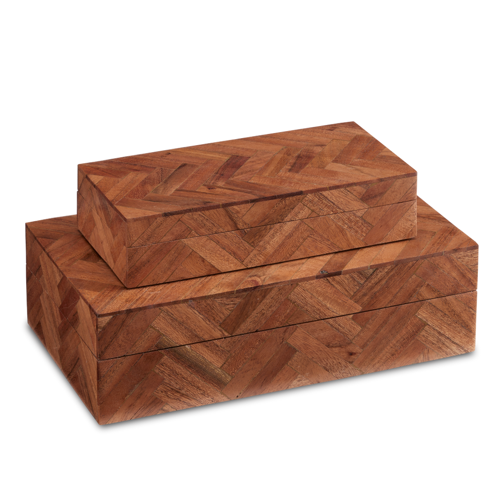 Alfeo Wood Box Set of 2 - Artisan Herringbone Patterned Decorative Storage, Unique Natural Finish