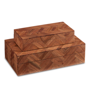 Alfeo Wood Box Set of 2 - Artisan Herringbone Patterned Decorative Storage, Unique Natural Finish