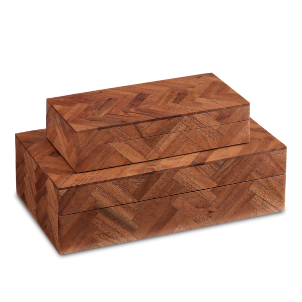 Alfeo Wood Box Set of 2 - Artisan Herringbone Patterned Decorative Storage, Unique Natural Finish