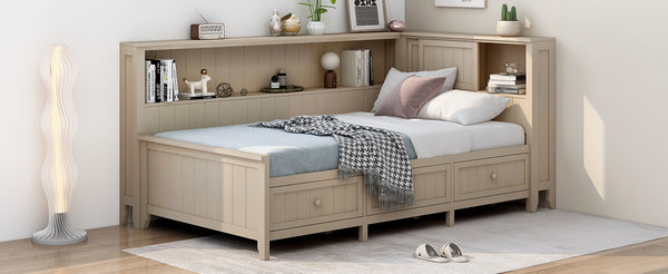 English Elm Twin Wood Daybed with 3 Drawers & Open Shelves, Antique White Milk Finish — Storage, Classic Charm, Twin Size Craftsmanship GX002213AAK