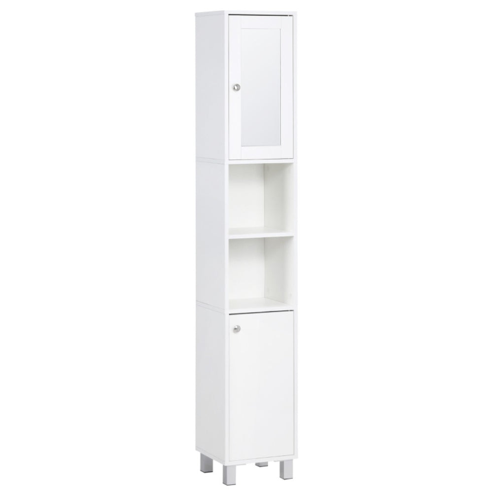 English Elm Freestanding Tall White Storage Tower with Mirror Door and Open Shelves for Bathroom T3971P470204