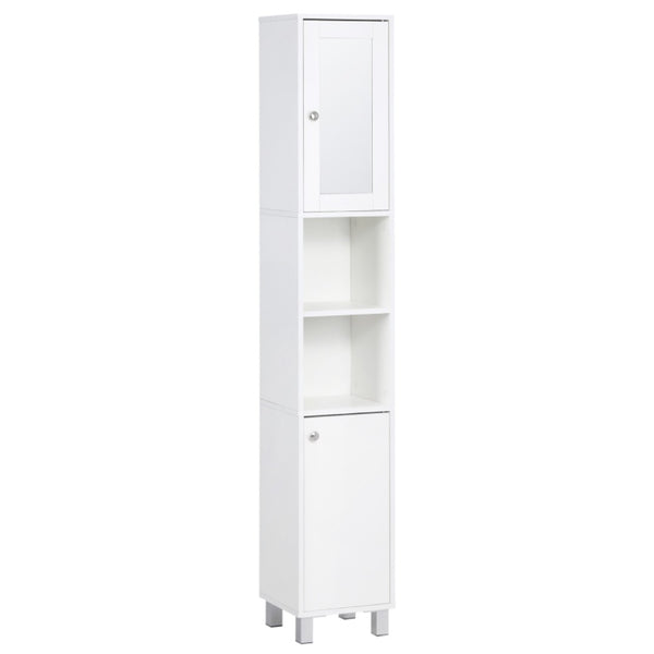 English Elm Freestanding Tall White Storage Tower with Mirror Door and Open Shelves for Bathroom T3971P470204