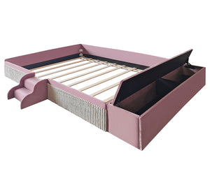 English Elm Queen Velvet Daybed with Built-in Stairs Gas Lift Storage and Padded Safety Rails Pink+White SF000203AAH