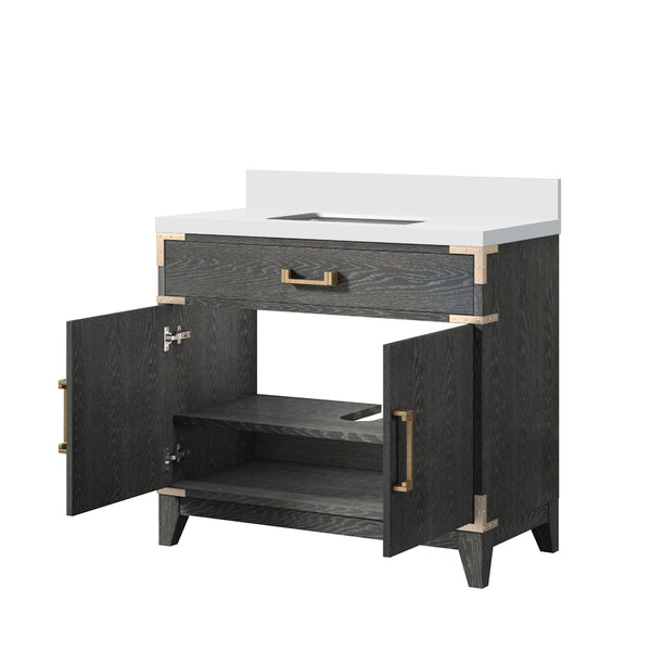 English Elm Black Oak Single Bath Vanity With White Quartz Top - Stylish Storage, Soft-Close Features, 36X22 In. B2731P260911