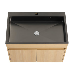 English Elm 28" Wall Mounted Bathroom Vanity with Gun-Gray Stainless Sink, Soft-Close Doors, Plywood, Oak Finish, KD W999P376889