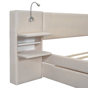 English Elm Queen Linen Upholstered Platform Bed with Storage Drawers, Trundle, Flip-Up Headboard & Lights Beige SF000187AAA