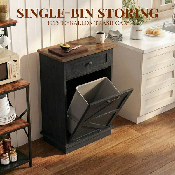 English Elm Tilt Out Trash Cabinet with Storage Drawer Conceals 10 Gallon Bin Pet Proof Brown+Black T5831P489253