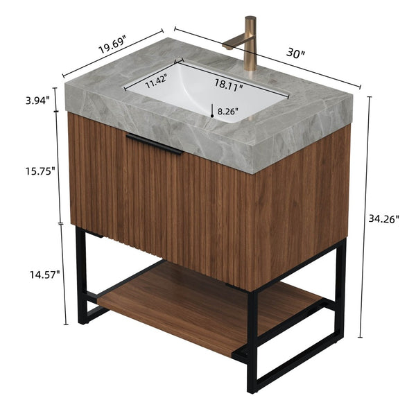 English Elm Yolan 30 Inch Freestanding Bathroom Vanity Plywood Cabinet Sintered Stone Top Oak Finish Black,Dark Walnut,Light Gray,White W2615S00372