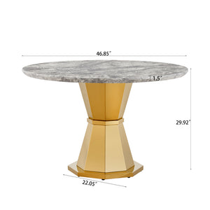 English Elm 47" Round Marble Dining Table - Luxurious Faux Marble Top & Gold Stainless Steel Base For Modern Homes W3456S00006