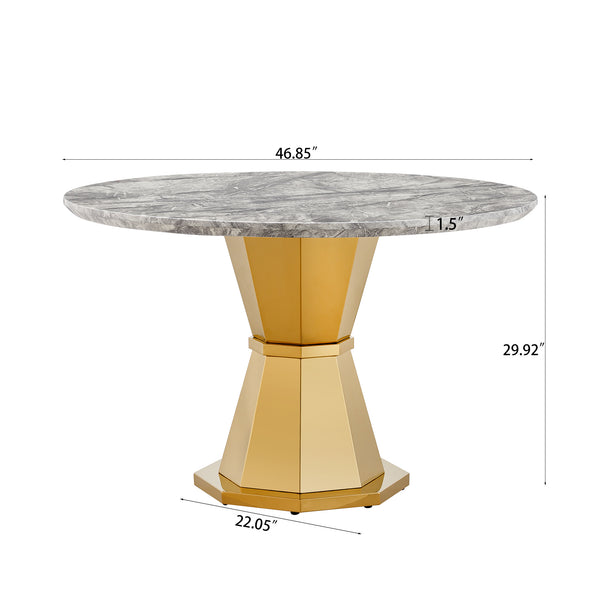 English Elm 47" Round Marble Dining Table - Luxurious Faux Marble Top & Gold Stainless Steel Base For Modern Homes W3456S00006