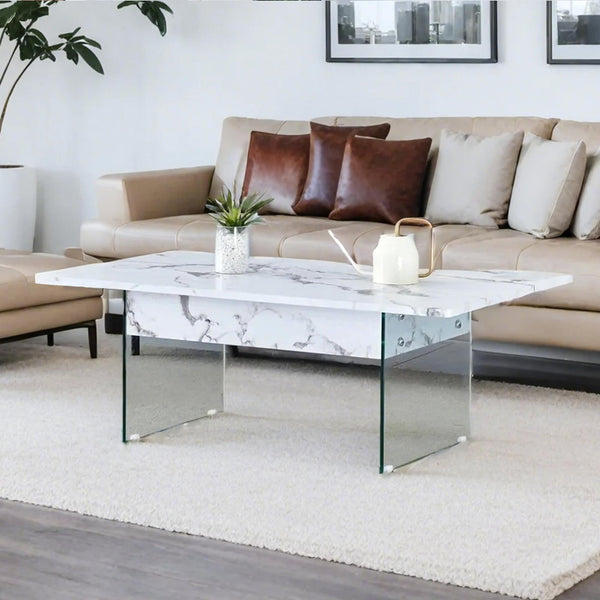 English Elm Multifunctional Lift Top Coffee Table with Tempered Glass Legs, Ergonomic Storage and Durable MDF Finish Transparent,White W2920P226076