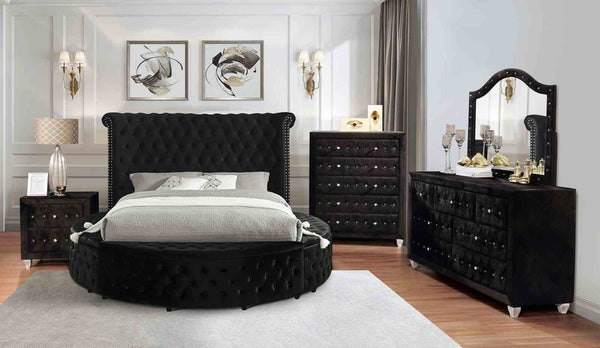 English Elm 1pc Glam Wingback Storage Bed Velvet Tufted Headboard with Usb Eastern King Black B2741S00821