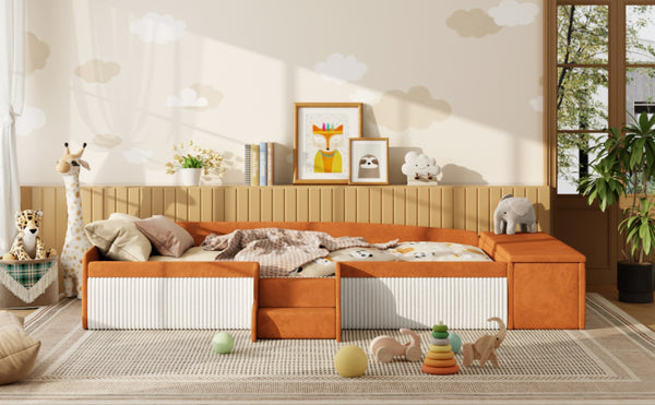 English Elm Twin Velvet Kids Daybed with Built-in Stairs Padded Guardrails and Gas Lift Storage Brown+White SF000201AAD