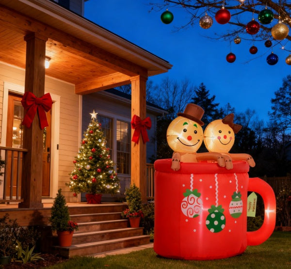 English Elm Christmas Inflatable Gingerbread Couple in Cocoa Mug with Led Lights for Yard Display T3971P417149