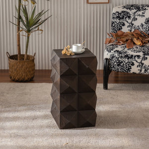 English Elm 23.62"Height Vintage Embossed Retro Side Table with Three-Dimensional Carved Pattern Durable Wood Nightstand Brown W757P250946