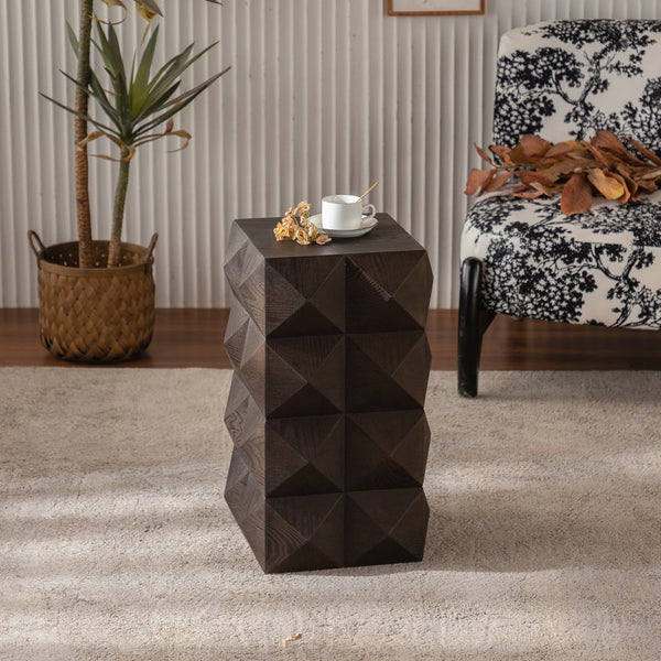 English Elm 23.62"Height Vintage Embossed Retro Side Table with Three-Dimensional Carved Pattern Durable Wood Nightstand Brown W757P250946