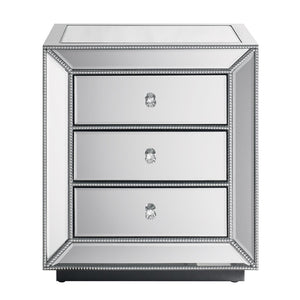 English Elm Three Drawer Mirrored Cabinet with Pearl Lacquer Finish and Crystal Pulls for Glam Decor W1005P416743